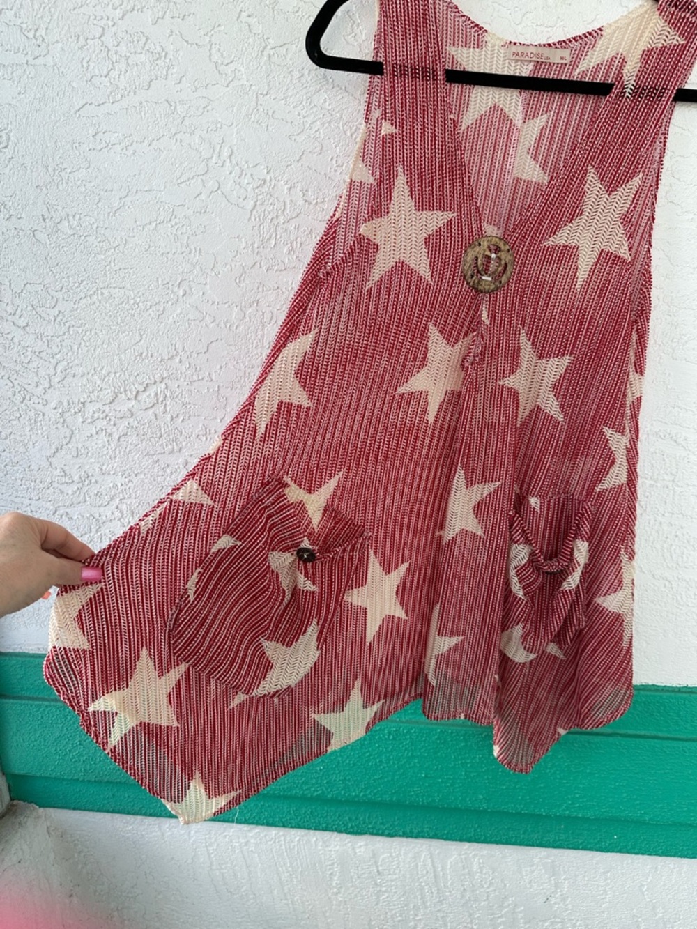 Paradise Red White Stars Swim Cover Up Pockets Sleeveless Medium Large - Picture 7 of 14